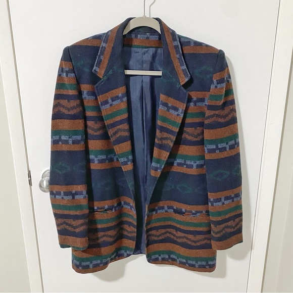 Vintage Jackets & Blazers - Vintage Cleo Oversized Southwestern Wool Blend Blazer Navy Blue/Brown size M/L